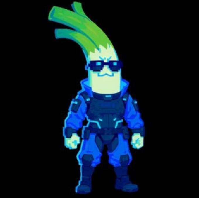 An illustration of a cartoon leek/green onion character wearing sunglasses and a blue futuristic tactical suit with glowing accents, set against a black background.