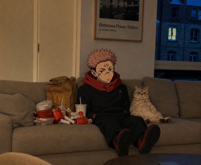 An anime-style image of the character Ryoumen Sukuna from Jujutsu Kaisen sitting on a gray couch in a dimly lit room, surrounded by McDonald's food wrappers, a drink, and a cat, with a 'Battersea Power Station' poster on the wall.