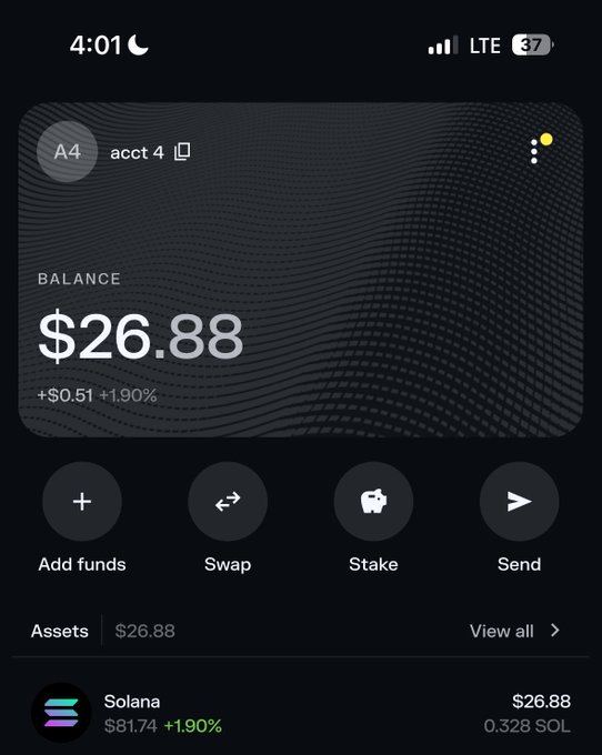 A screenshot of a crypto wallet app showing a balance of $26.88 (+$0.51, +1.90%), held as 0.328 Solana ($81.74), likely posted to demonstrate proof of funds for a "$20 SOL giveaway" contest requiring users to show their wallet balance.