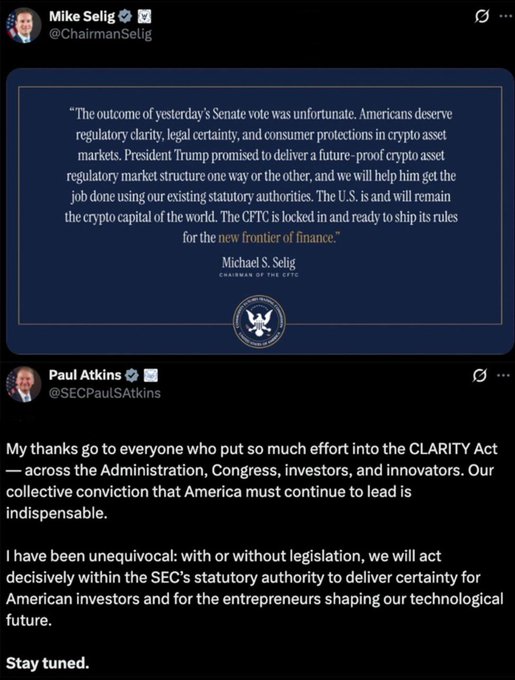 X posts from CFTC Chairman Mike Selig and SEC's Paul Atkins discussing the Senate's crypto regulation vote and the CLARITY Act.