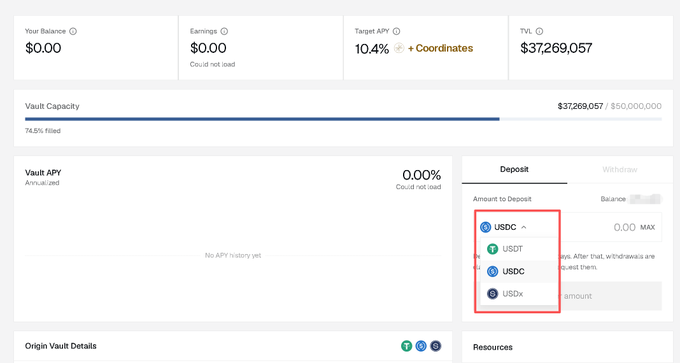 A screenshot of a vault deposit interface showing a TVL of $37,269,057 out of a $50,000,000 capacity (74.5% filled), with a Target APY of 10.4%, and a dropdown menu highlighted in red offering USDC, USDT, and USDx deposit options.