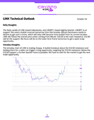 A 'Liquidity.io' app screenshot showing a LINK Technical Outlook chart with text noting 'The daily candle of LINK closed indecisively, and LINK/USDT staved slightly bullish.'