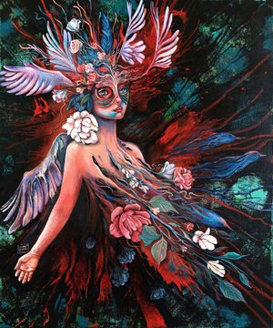 A vibrant fantasy painting depicts a woman adorned with an elaborate headdress of colorful birds and flowers, with floral and feathered wings extending from her body against a dark background.