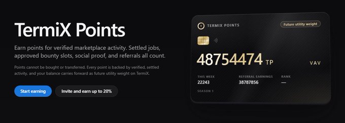 A promotional graphic for "TermiX Points" showing a balance of 48754474 TP, with stats for "This Week" (22243) and "Referral Earnings" (38787856), alongside buttons to "Start earning" and "Invite and earn up to 20%".