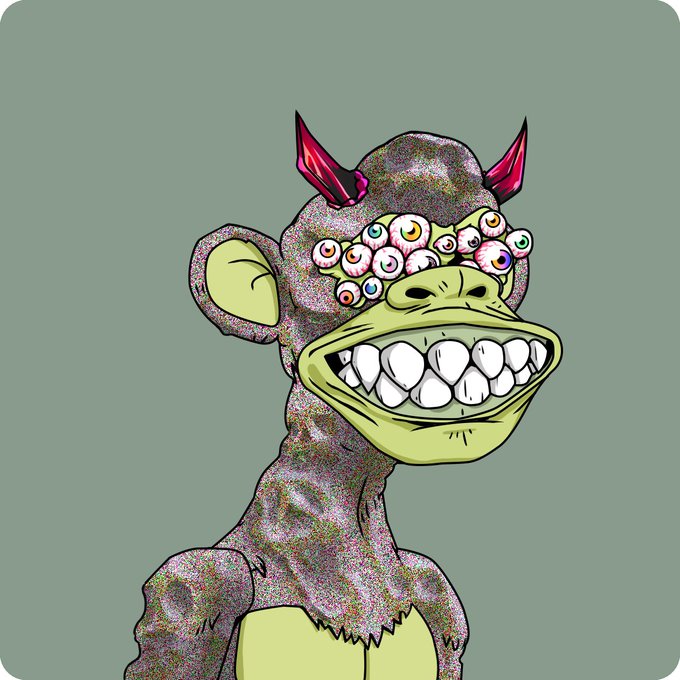 The post "B O R E D A P E Y A C H T C L U B" combines "Bored Ape Yacht Club," the famous NFT collection, with "YACHTCLUB," suggesting a parody mashup. The image illustrates this concept with a bizarre, unsettling ape-like creature featuring multiple eyes, horns, and a wide grin, cleverly reflecting the absurd and creative spirit of NFT culture.