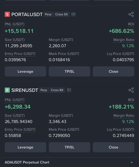 The image shows a stock market trading app with a focus on the "Portal" option, which allows users to place short trade positions. There are two types of trades displayed, one for $15,000 and another for $6,000. The app also provides historical data about the stock market, including SIREN and PORTAL options. It takes into account size and leverage when processing orders.