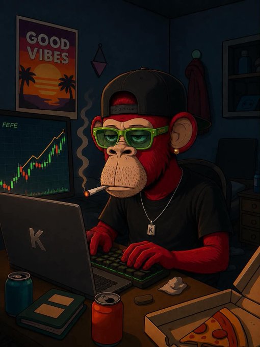 A cartoon illustration of a red monkey wearing a black cap, green sunglasses, and a 'K' necklace, smoking a cigarette while typing on a laptop displaying trading charts, with a 'GOOD VIBES' poster and pizza in the scene.