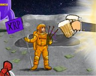 A cartoon astronaut in a yellow spacesuit stands on a cratered lunar surface, holding an XRP flag, while a giant mug of beer floats in the sky above. The image humorously illustrates the post's reference to XRP heading "to the moon," using visual gags to poke fun at speculative crypto hype.