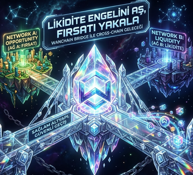 A glowing crystalline bridge connects two floating cityscapes labeled "NETWORK A: OPPORTUNITY" and "NETWORK B: LIQUIDITY," with Turkish text reading "LİKİDİTE ENGELİNİ AŞ, FIRSATI YAKALA – Wanchain Bridge ile Cross-Chain Geleceği," visually reinforcing the post's message about using Wanchain's bridge to seamlessly transfer assets between blockchains to capture opportunities.