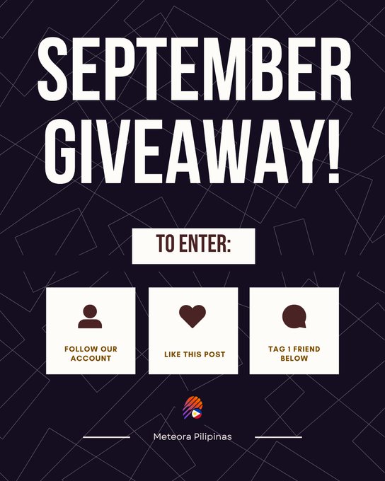 The image is a dark promotional graphic for a "September Giveaway!" by Meteora Pilipinas, detailing entry requirements: follow the account, like the post, and tag 1 friend below. The graphic celebrates the Discord community's milestone of growing from 500 to 1,000 members, tying the giveaway directly to that achievement.