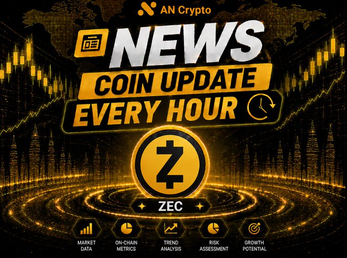 A crypto news graphic from AN Crypto promoting 'NEWS COIN UPDATE EVERY HOUR' with a Zcash (ZEC) coin featured alongside market data, on-chain metrics, trend analysis, risk assessment, and growth potential labels.