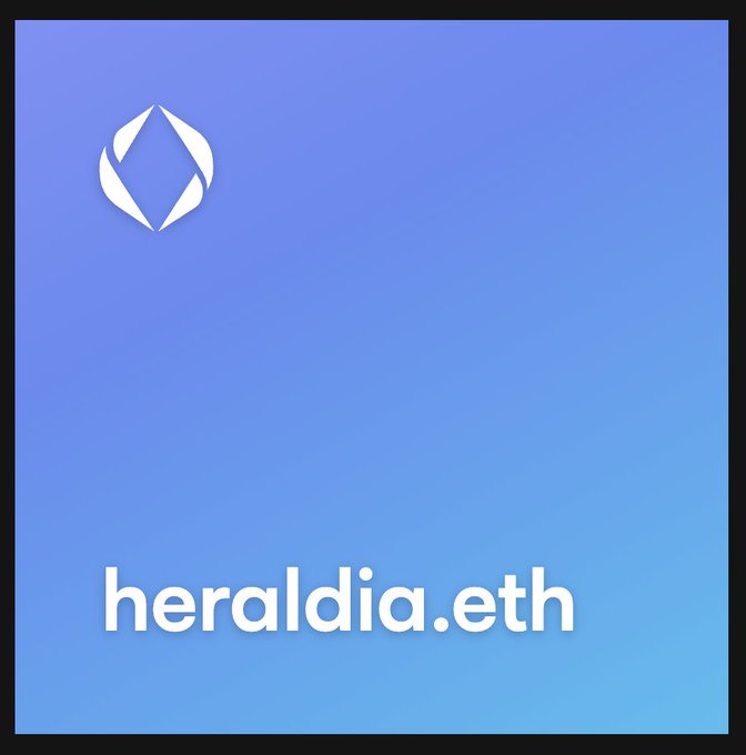 urn symbol and website address "theraldia.eth" are displayed against a light blue background with white text.