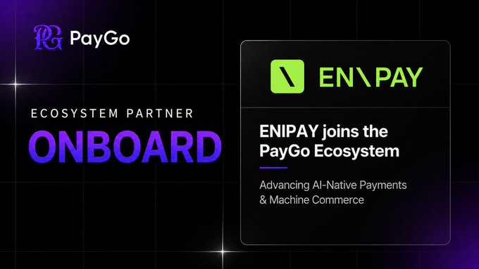 A promotional graphic announcing ENIPAY joining the PayGo Ecosystem, featuring the PayGo logo and the headline "ECOSYSTEM PARTNER ONBOARD" alongside ENIPAY's green logo and the tagline "Advancing AI-Native Payments & Machine Commerce," visually reinforcing the partnership announcement about expanding programmable finance through x402 infrastructure.