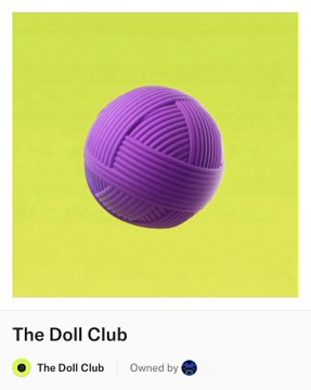 A purple ball of yarn displayed on a lime green background, labeled "The Doll Club" and "Owned by" beneath the image. This NFT from @dollclubnft appears to be the recovered asset the poster mentions getting from @orpheuskaze after starting as a subscriber.