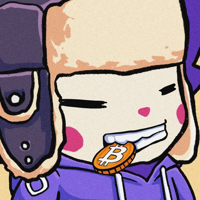 A cartoon-style illustration of a character wearing a tan ushanka hat, holding a Bitcoin coin in their mouth, with pink cheeks and a purple hoodie.