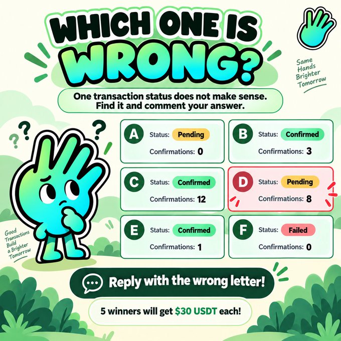A colorful "Which One Is Wrong?" quiz challenges viewers to spot the inconsistent crypto transaction status among six options (A-F) with varying confirmations from 0 to 12, with option D (Pending/8 confirmations) highlighted in red as the likely incorrect answer. The image ties into a $30 USDT giveaway post from @Four_FORM_, encouraging followers to reply with their answer.