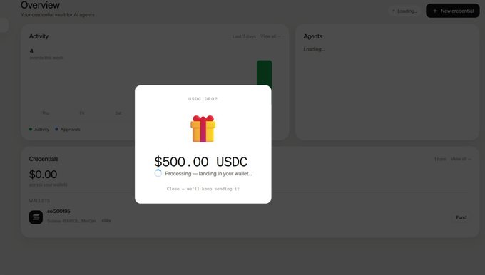 The image shows a USDC DROP notification of $500.00 USD being processed to a wallet, with the Moonpay Overview dashboard blurred in the background showing activity and credentials panels. The caption relates to the post by illustrating the $500 USDC drop from Moonpay mentioned in the message, referencing the wait for sending completion.