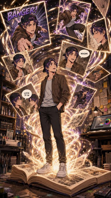 An anime-style illustration of a male character surrounded by swirling magical cards and images of himself, with speech bubbles reading 'BANGER!', 'LOCK TF IN', and 'WAGMI'.