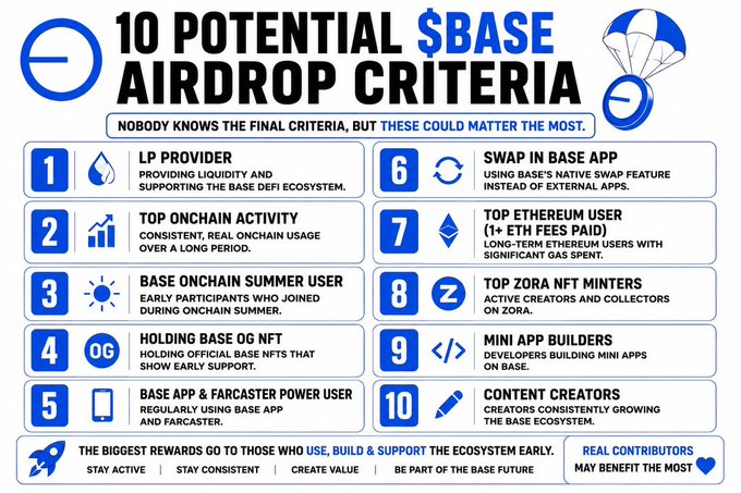 The image is an infographic listing "10 Potential $BASE Airdrop Criteria," featuring criteria like being an LP Provider, showing top onchain activity, holding Base OG NFTs, and being a top Zora NFT minter, with a note that no one knows the final criteria. The graphic visually complements the post by outlining the 10 speculative factors that could determine $BASE airdrop eligibility, reinforcing the author’s message that early, consistent ecosystem contributors are most likely to benefit.