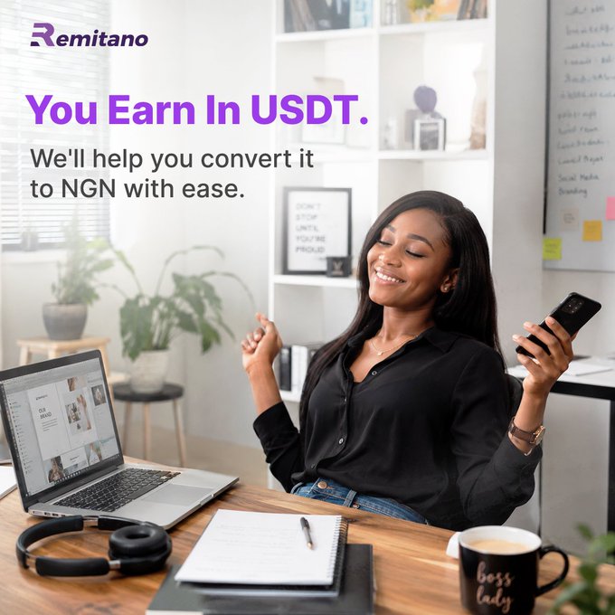 An advertisement for Remitano featuring a smiling woman at a desk with text 'You Earn In USDT. We'll help you convert it to NGN with ease.'
