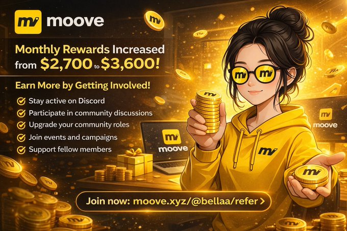 The image features a woman wearing sunglasses standing next to a pile of gold coins, holding them up for everyone to see. She appears to be wearing a yellow hoodie and glasses. The background of the photo shows a scene with stacks of golden coins scattered around her. In front of these coins, there's an email addressed to the Moove community that highlights their commitment to rewarding active participants in the growth of the community by increasing the rewards pool from $2,700 to $3,600. This news emphasizes the community-driven nature of the platform and encourages more people to join for greater benefits.