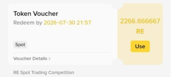 This image shows a Binance Token Voucher with a value of 2266.666667 RE, redeemable by 2026-07-30, likely awarded from the RE Spot Trading Competition. The post confirms this by stating "Just received a $1,330 Token Voucher" which may relate to the value of the RE tokens.