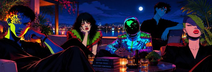 A vibrant, stylized digital illustration depicting five stylish characters lounging at an outdoor rooftop bar or lounge at night, with one wearing a glowing green astronaut helmet, set against a city skyline under a full moon.