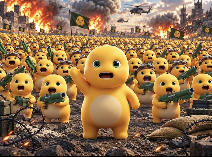 A chaotic, stylized illustration of a massive army of yellow emoji-like characters wielding weapons in a war-torn, burning landscape with helicopters overhead.