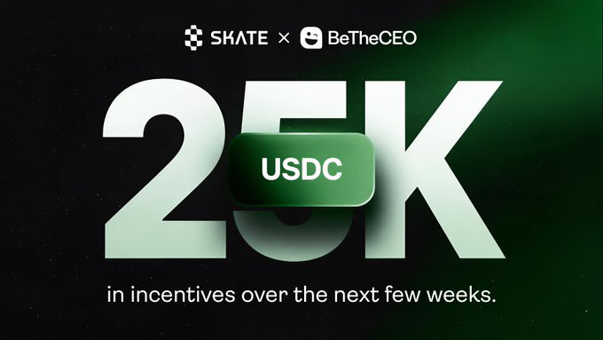 A promotional graphic featuring the Skate and BeTheCEO logos announces "25K USDC in incentives over the next few weeks," with bold green typography on a dark background highlighting the partnership and upcoming mechanics between Skate AMM and BeTheCEO.