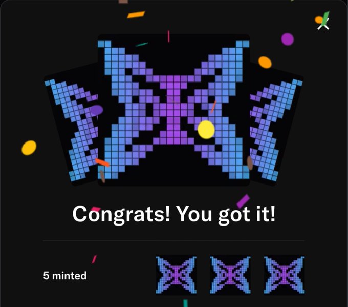 A celebratory mint screen showing a blue and purple pixel-art butterfly NFT design with the text 'Congrats! You got it!' and '5 minted'.