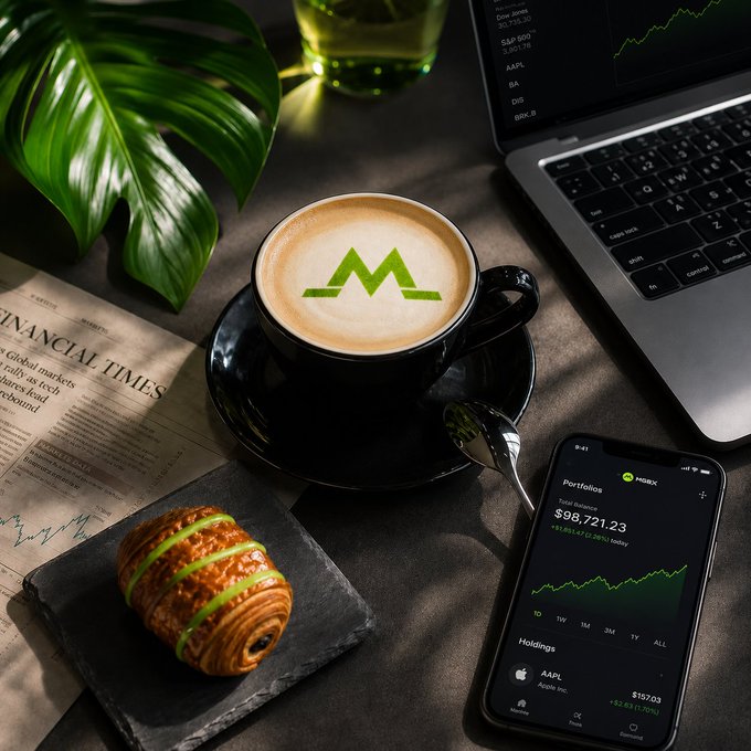 A cappuccino featuring a green "M" latte art sits beside a Financial Times newspaper, a pastry, and a smartphone displaying a portfolio of $88,721.23 with holdings like AAPL ($107.03) and MGBX—capturing the refined, finance-focused start to a trader's day that matches the "#GM 开啓精致和精准交易" vibe.