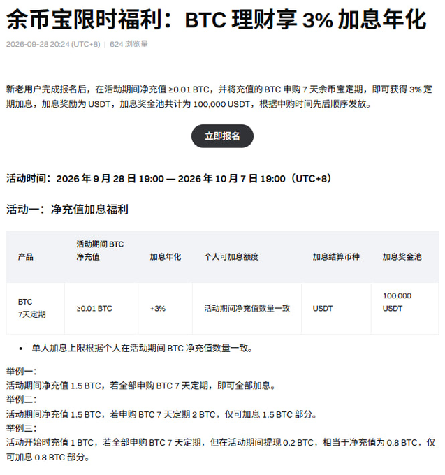 A Chinese promotional page for a Binance ('余币宝限时福利') limited-time BTC financial product offering a 3% annualized interest rate, dated 2026-09-28.