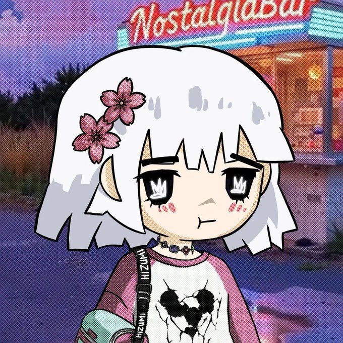A cartoon avatar of a girl with white hair, flowers in her hair, and a skull shirt is overlaid on a retro-style diner background with the text 'NostalgiaBa'.