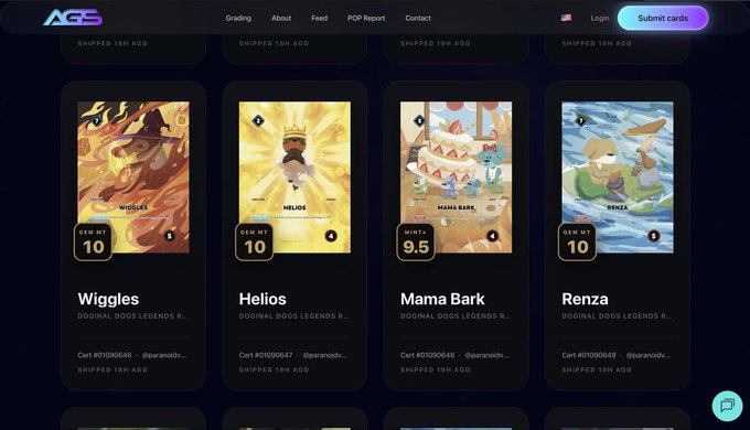 A digital interface displaying four NFT cards from the 'Doginal Dogs Legends R...' collection, each graded with labels like 'GEM MT 10' and 'MINT 9.5', featuring characters named Wiggles, Helios, Mama Bark, and Renza.
