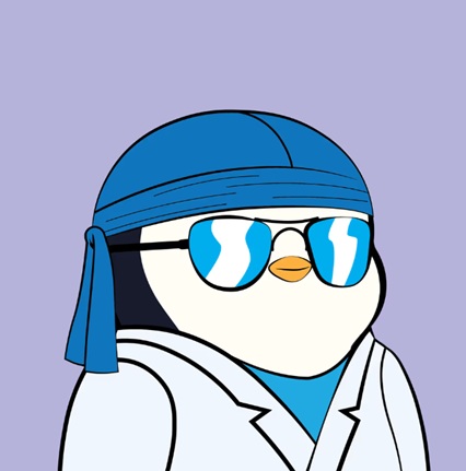 An illustration of a penguin wearing a blue bandana, sunglasses, and a white lab coat on a purple background.