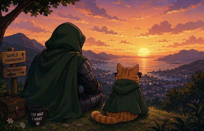 A whimsical illustration showing a hooded armored warrior and an orange tabby cat (wearing a matching green cloak) sitting on a hilltop at sunset, looking out over a coastal landscape with signposts pointing to 'WORLD DOMINATION' and 'FISH SNACKS.'