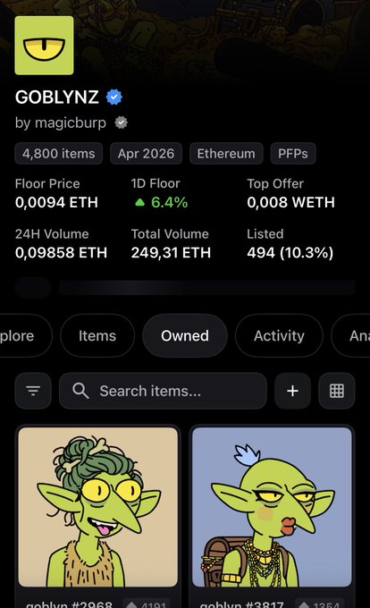 A screenshot of the NFT collection "GOBLYNZ" by magicburp on Ethereum shows key stats including 4,800 items, a floor price of 0.0094 ETH (up 6.4% in 1D), and a 24H volume of 0.09858 ETH, with two green goblin character NFTs visible at the bottom, supporting the post's speculation about a potential Robinhood Chain launch due to matching color schemes.