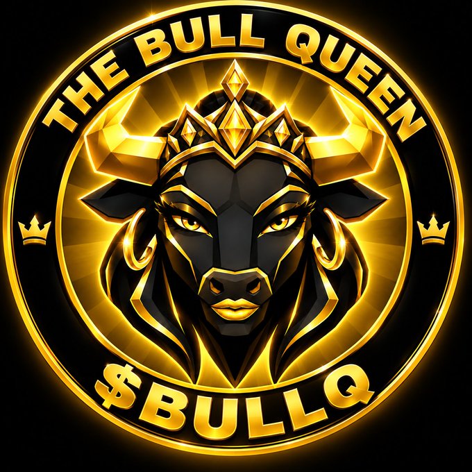 A golden and black emblem featuring a crowned bull's head surrounded by radiant sun rays, encircled by the text "THE BULL QUEEN" at the top and "$BULLQ" at the bottom, with small crown icons on either side. The design serves as the official logo for the $BULLQ meme coin launch airdrop, symbolizing royalty and strength to match the project's "Bull Queen" branding on the Solana blockchain.