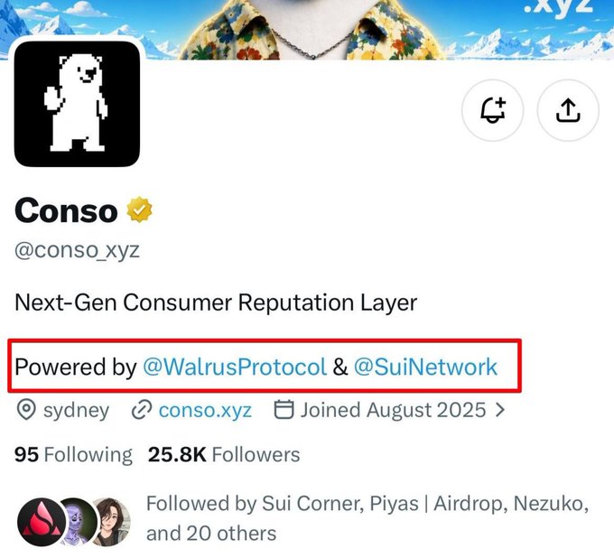 The image shows the Conso (@conso_xyz) Twitter/X profile page, which is highlighted as "Powered by @WalrusProtocol and @SuiNetwork." The profile describes Conso as a "Next-Gen Consumer Reputation Layer" and shows it has 25.8K followers, is based in Sydney, joined August 2025, and is followed by "Sui Corner" among others—context that aligns with the post announcing a Conso Bots whitelist giveaway in collaboration with the Sui community.