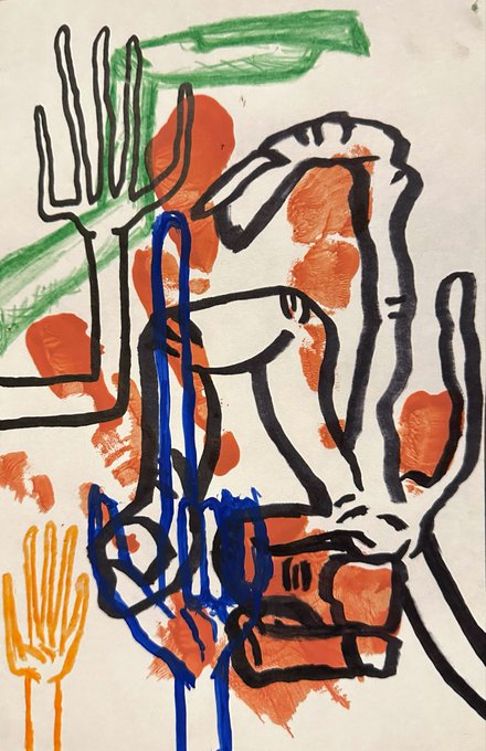 An expressive abstract drawing with bold black outlines filled with rough patches of orange-red, blue, and green, featuring hand-like forms and loose gestural shapes.