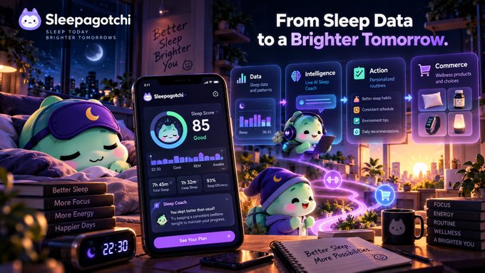 A promotional advertisement for the 'Sleepagotchi' app, featuring a cute animated character sleeping and the tagline 'From Sleep Data to a Brighter Tomorrow,' highlighting features like Data, Intelligence, Action, and Commerce.