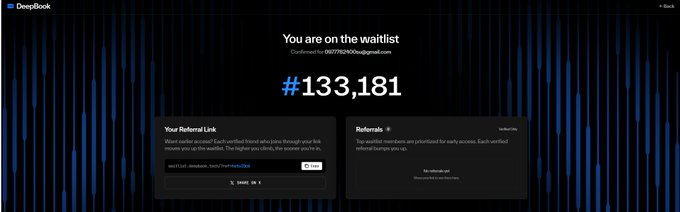 A Deepseek waitlist confirmation page showing position #133,181 with referral link and referral count sections on a dark background.