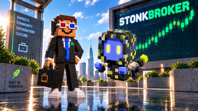 Robinhood promotional 3D render featuring a Minecraft-style character in a business suit alongside a robot companion, with the STONK BROKER billboard and "Built on Robinhood" branding.