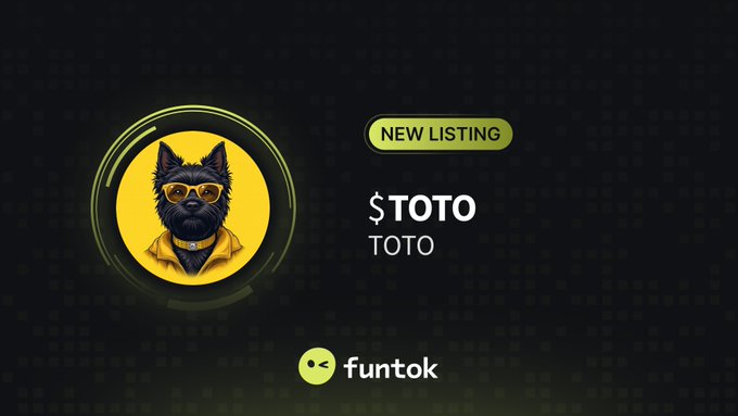 A promotional graphic for a new listing of the token '$TOTO' (TOTO) on 'funtok', featuring a stylized black dog wearing sunglasses and a yellow jacket.