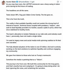 Screenshot of a post by Hunter Biden discussing the UAP/UFO Disclosure Act, mentioning a South Boston home sale, Billy Bush/Trump controversy, and $1B allocated to UFO research.