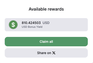 A user interface displaying 'Available rewards' of 810.424503 USD from USD Bonus Yield, with green 'Claim all' and white 'Share on X' buttons.