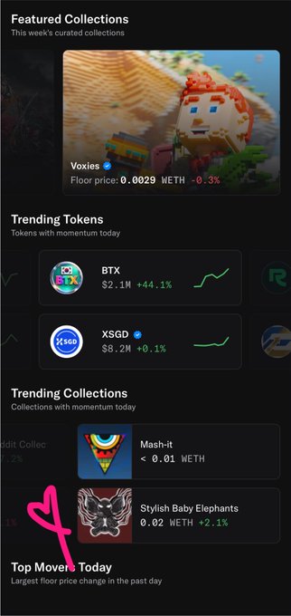Dark-themed crypto/NFT marketplace app screen showing 'Featured Collections' including Voxies, and 'Trending Tokens' like BTX (+44.1%) and XSGD.