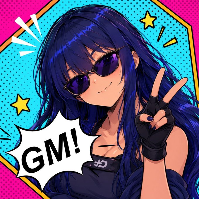 An anime-style illustration of a blue-haired female character wearing sunglasses and black fingerless gloves making a peace sign, with a 'GM!' speech bubble against a vibrant pop-art background.