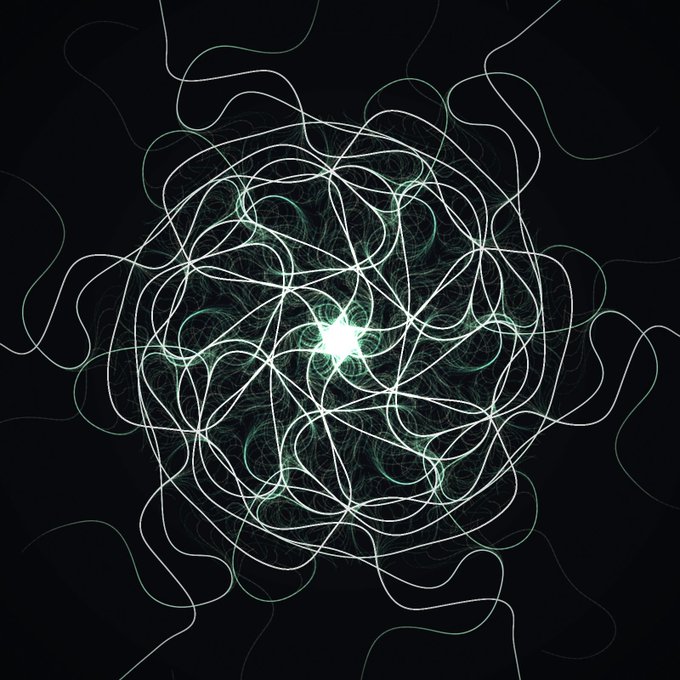 An abstract digital artwork features swirling white and green luminous lines radiating from a bright central point against a black background.