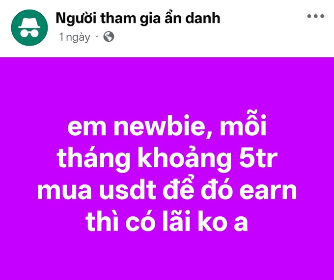 A Facebook post with a purple background containing white Vietnamese text asking about earning interest by holding USDT, with 5 million invested monthly.
